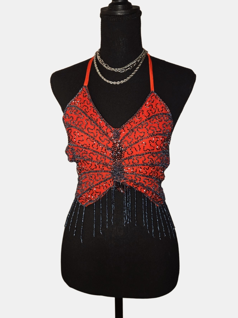 Vintage 90s Red Beaded Butterfly Halter Top!